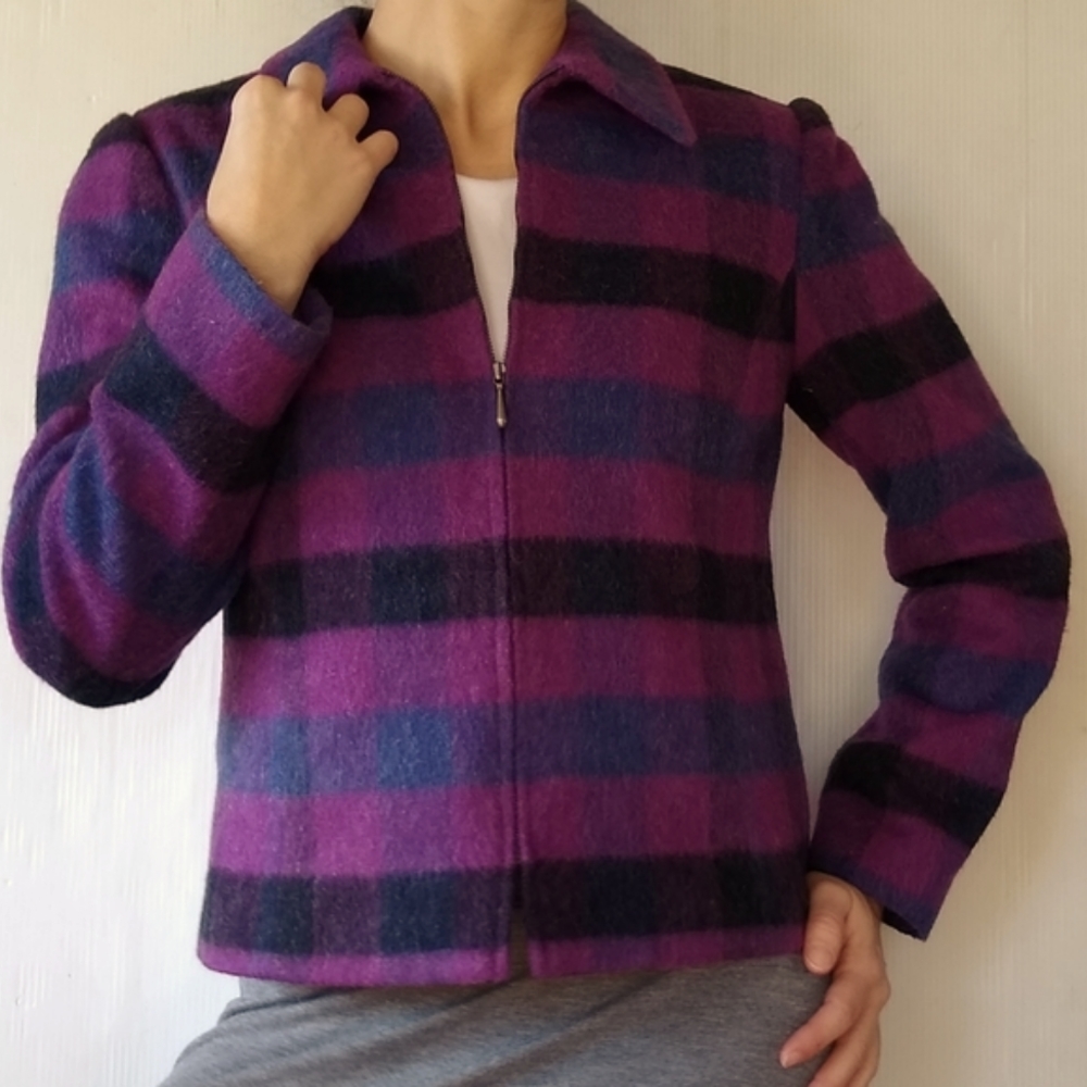 Vintage DRESSBARN retro 90s purple plaid zip up wool blend blazer Jacket